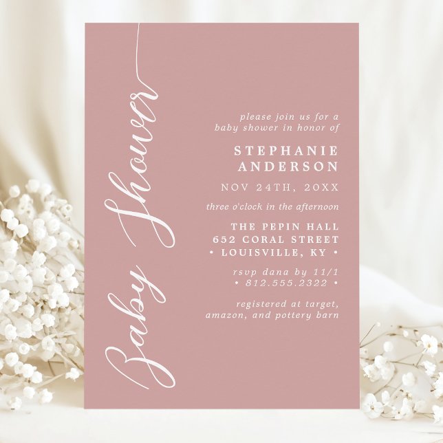 Dusty Rose Pink Simple Modern Script Baby Shower Invitation (Creator Uploaded)