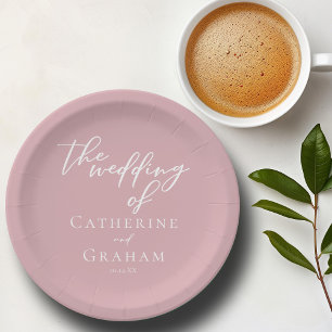 Dusty Rose Pink Typography Romantic Wedding Paper Plates