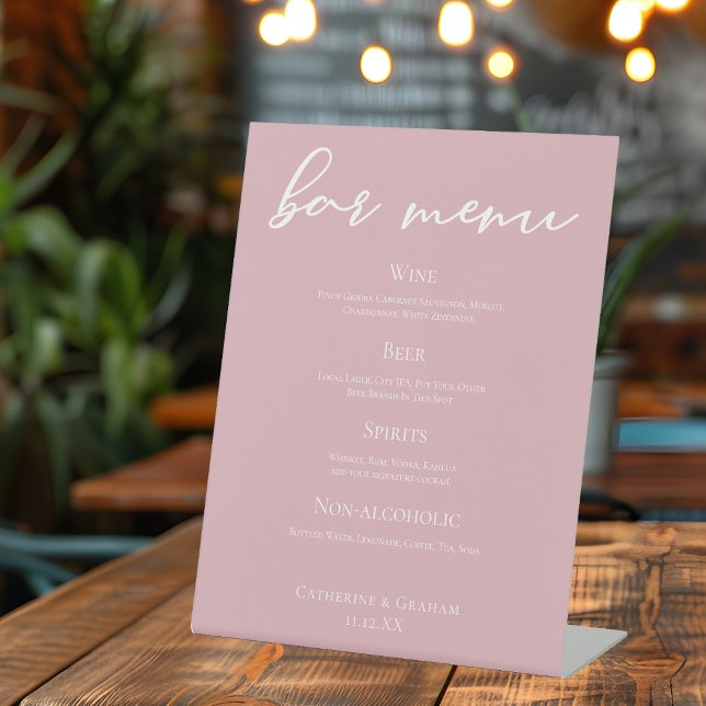 Dusty Rose Pink Typography Wedding Bar Menu Pedestal Sign (Creator Uploaded)