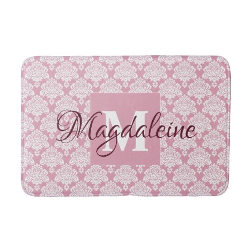 Dusty Rose Pink Vintage Damask Monogram  Name Bath Mat