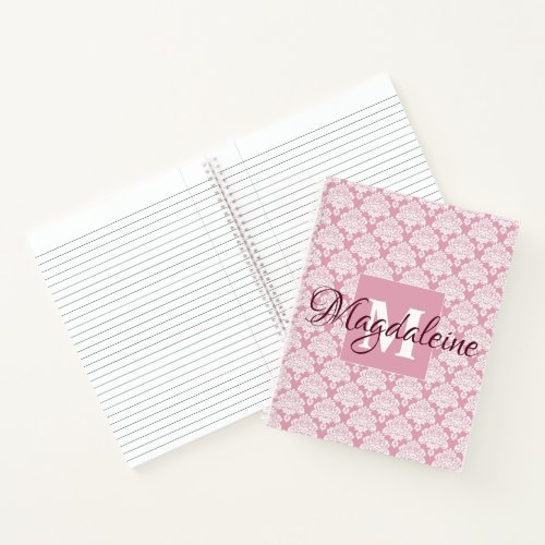 Dusty Rose Pink Vintage Lacy Damask Monogrammed Notebook