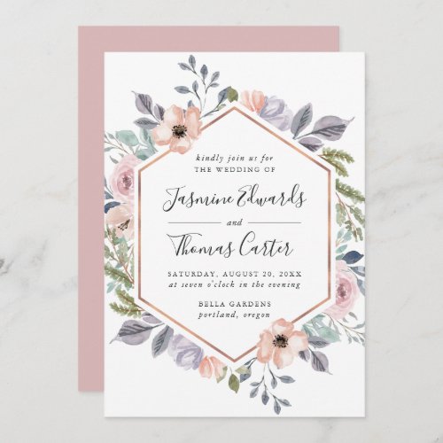 Dusty Rose Pink Watercolor Floral Frame  Wedding Invitation