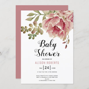 Dusty rose pink watercolor flowers baby shower invitation