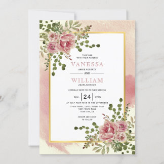 Dusty rose pink watercolor flowers floral wedding invitation