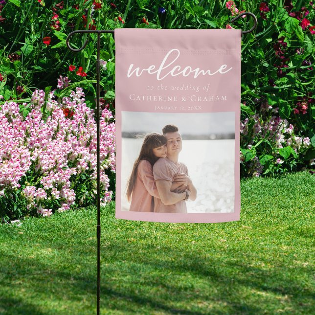 Dusty Rose Pink Wedding Couple Photo Welcome Garden Flag (Creator Uploaded)