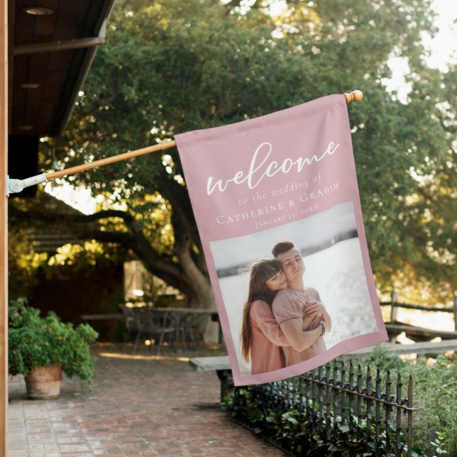 Dusty Rose Pink Wedding Couple Photo Welcome House Flag (In SItu)