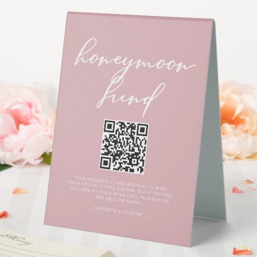 Dusty Rose Pink Wedding Honeymoon Fund QR Code Table Tent