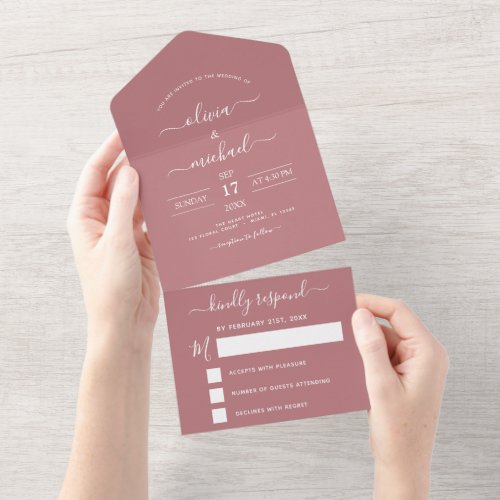 Dusty Rose Pink Wedding Modern Typography RSVP All In One Invitation