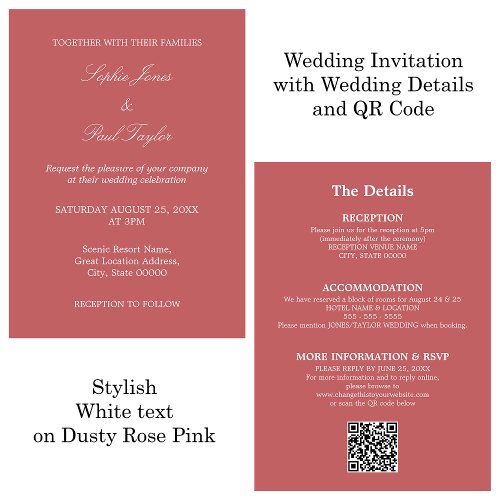 Dusty Rose Pink Wedding QR Code RSVP Invitation