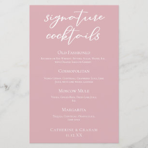 Dusty Rose Pink Wedding Signature Cocktails Menu