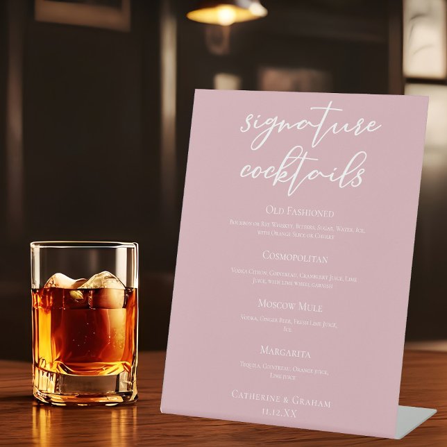 Dusty Rose Pink Wedding Signature Cocktails Menu Pedestal Sign (Creator Uploaded)