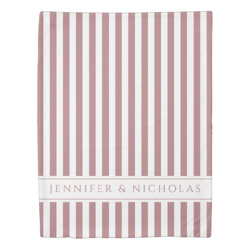 Dusty Rose Pink  White Stripes Pattern Name Print Duvet Cover