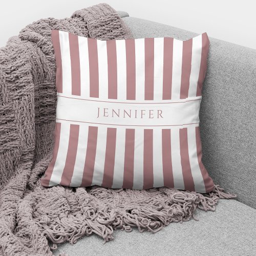 Dusty Rose Pink  White Stripes Pattern Name Throw Pillow