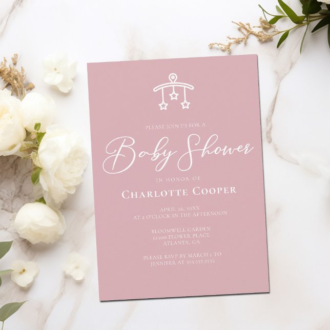Dusty Rose Pink White Typography Baby Shower Invitation (Creator Uploaded)