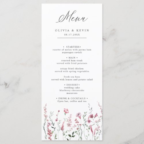 Dusty Rose Pink Wild Flower Meadow Floral Wedding  Menu