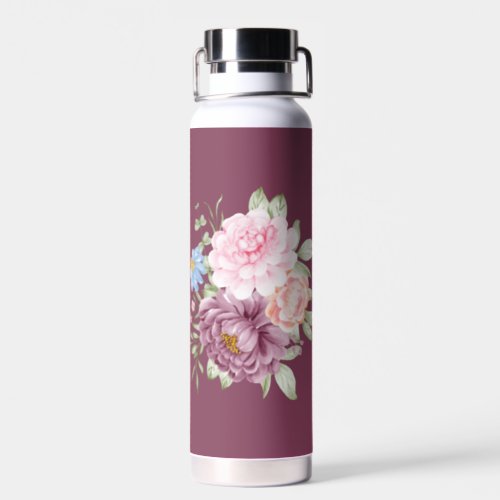 Dusty Rose Plum Peony Floral Photo Water Bottle