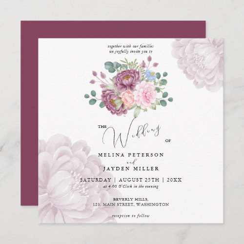 Dusty Rose Plum Peony Floral Wedding  Invitation