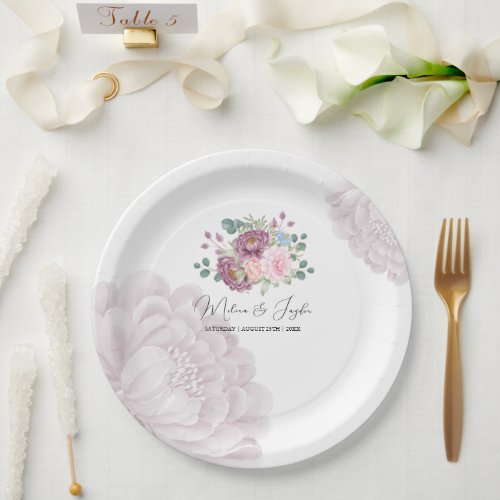 Dusty Rose Plum Peony Floral Wedding    Paper Plates