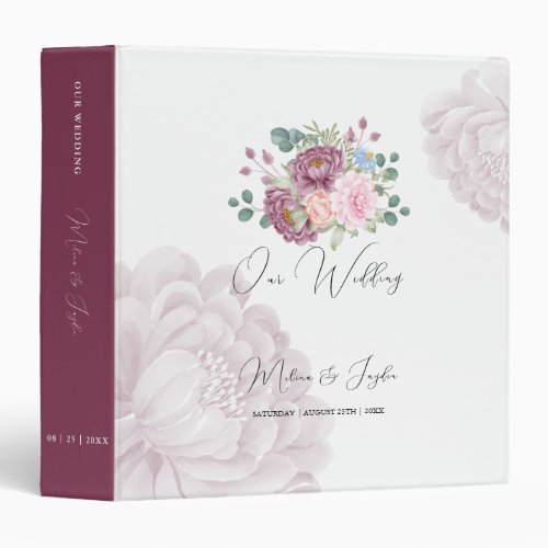 Dusty Rose Plum Peony Floral Wedding Photo 3 Ring Binder