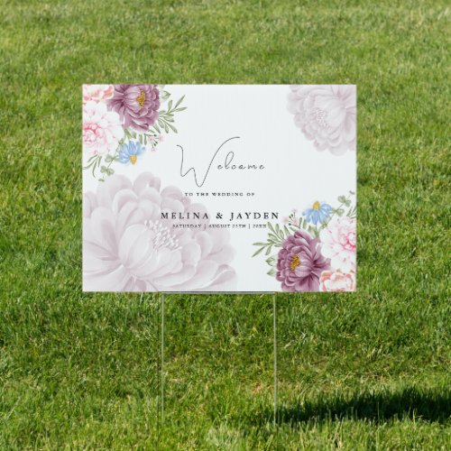 Dusty Rose Plum Peony Floral Wedding Welcome Sign