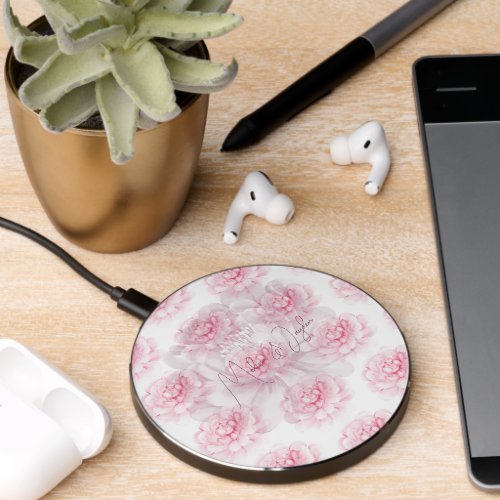 Dusty Rose Plum Peony Floral Wedding   Wireless Charger