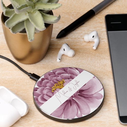 Dusty Rose Plum Peony Floral Wedding Wireless Charger