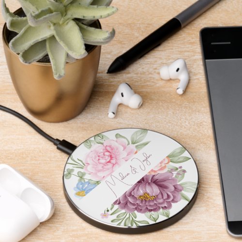 Dusty Rose Plum Peony Floral Wedding  Wireless Charger