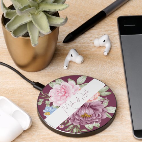 Dusty Rose Plum Peony Floral Wedding   Wireless Charger