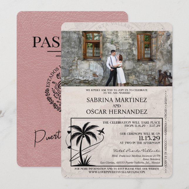 Dusty Rose Puerta Vallarta Passport Wedding Invitation (Front/Back)