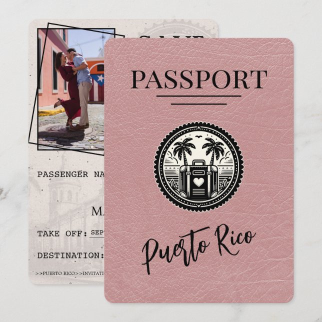 Dusty Rose Puerto Rico Passport Save The Date (Front/Back)