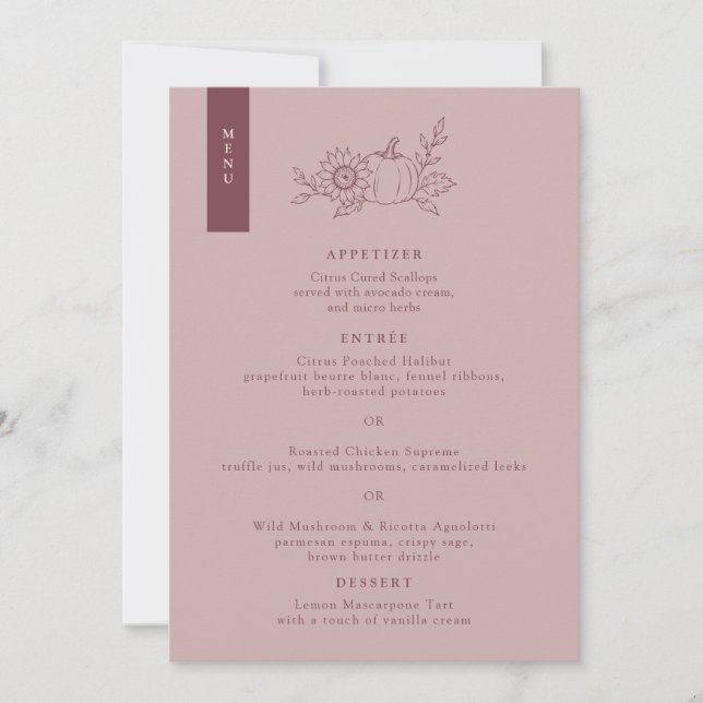 Dusty Rose Pumpkin Sunflower Wedding Menu Card (Front)