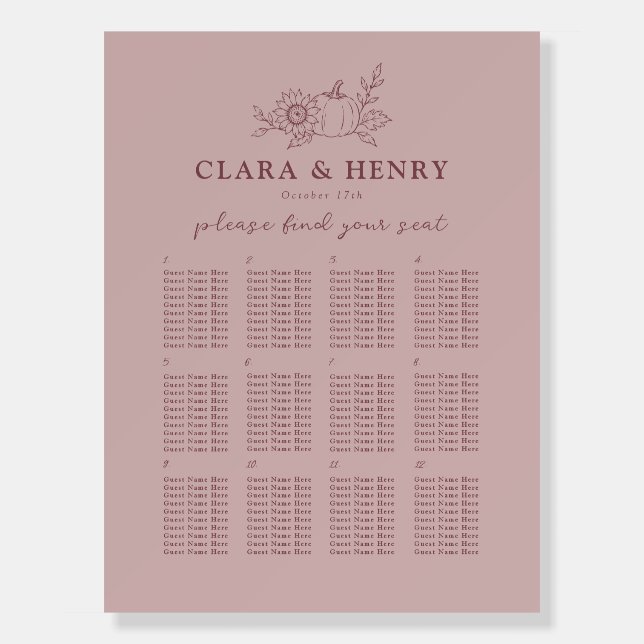 Dusty Rose Pumpkin Sunflower Wedding Seating Chart Foam Board (Front)