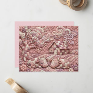 Dusty Rose Quaint Quilted Cows Patchwork Pastoral Note Card