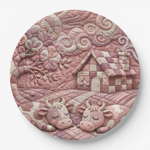 Dusty Rose Quaint Quilted Cows Patchwork Pastoral Paper Plates