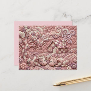 Dusty Rose Quaint Quilted Cows Patchwork Pastoral  Postcard