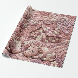Dusty Rose Quaint Quilted Cows Patchwork Pastoral  Wrapping Paper