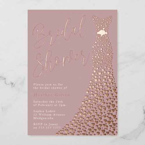 Dusty Rose Real Rose Gold Gown Bridal Shower Foil Invitation