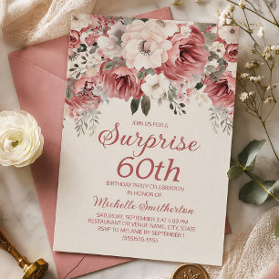 Dusty Rose Red Cream Floral Surprise 60th Invitation