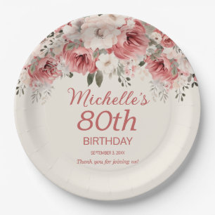 Dusty Rose Red Cream Watercolor Floral 80th  Paper Plates