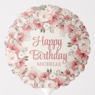 Dusty Rose Red Cream Watercolor Floral Birthday Balloon