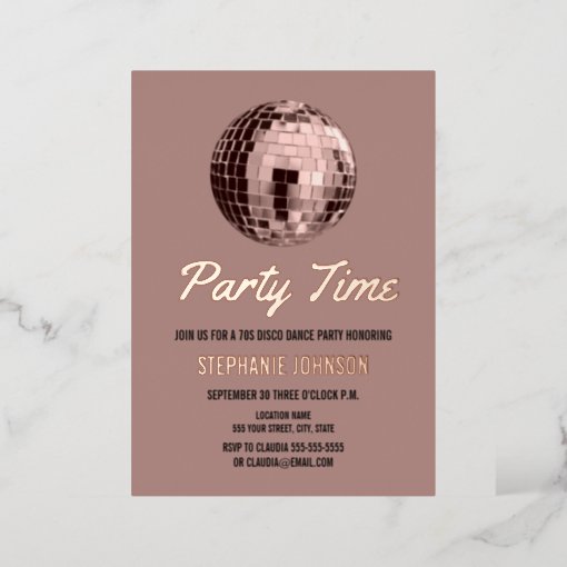 Dusty Rose Retro 70s Disco Ball Birthday Party Foil Invitation | Zazzle