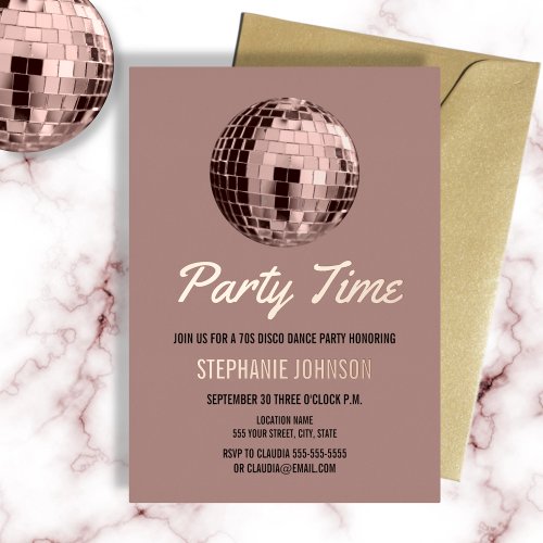 Dusty Rose Retro 70s Disco Ball Birthday Party  Foil Invitation