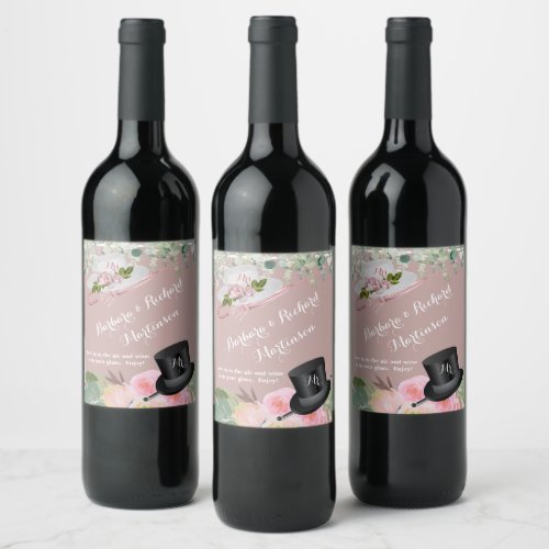 Dusty Rose Romantic Floral Wedding   Wine Label