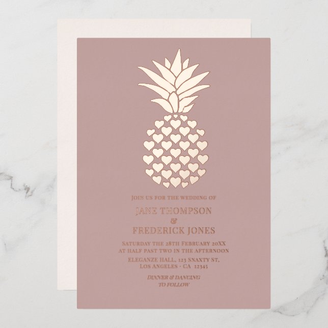 Dusty Rose & Rose Gold Tropical Pineapple Wedding Foil Invitation (Front/Back)