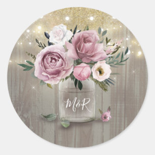 Dusty Rose Rustic Country Floral Mason Jar Classic Round Sticker