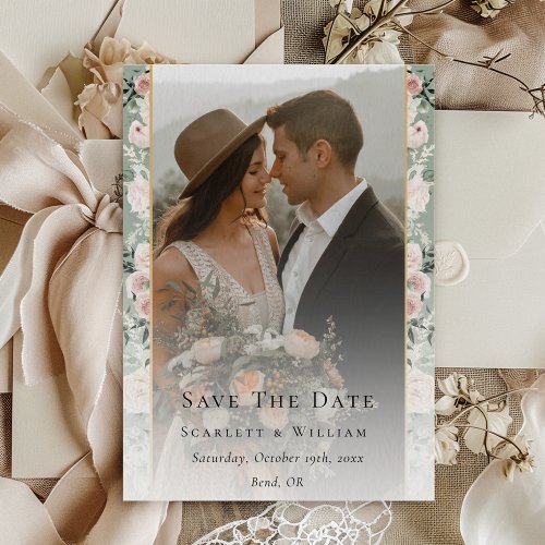 Dusty Rose Sage Green Vintage Wedding Photo Save The Date