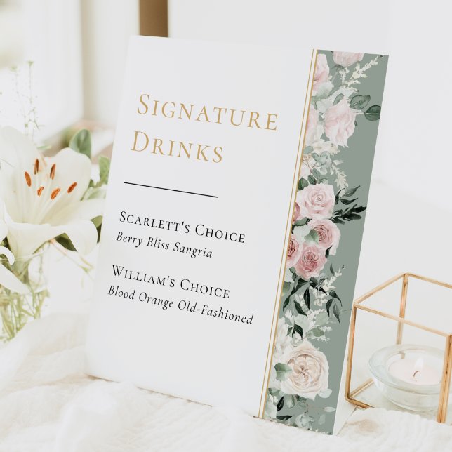 Dusty Rose Sage Green Wedding Signature Drinks Pedestal Sign (Creator Uploaded)