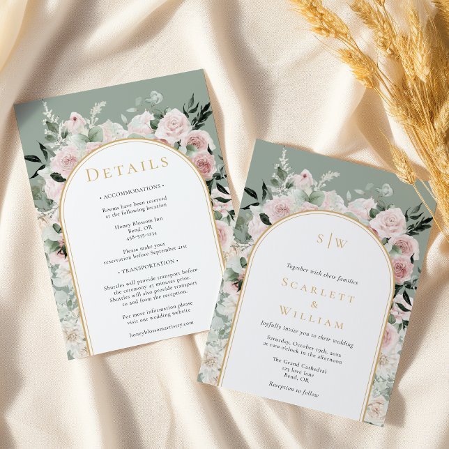 Dusty Rose Sage Simple Monogram All In One Wedding Invitation (Creator Uploaded)