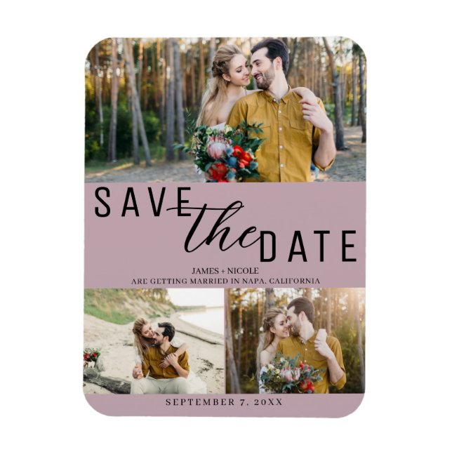 Dusty Rose Save the Date Wedding 3 Photos Magnet (Vertical)