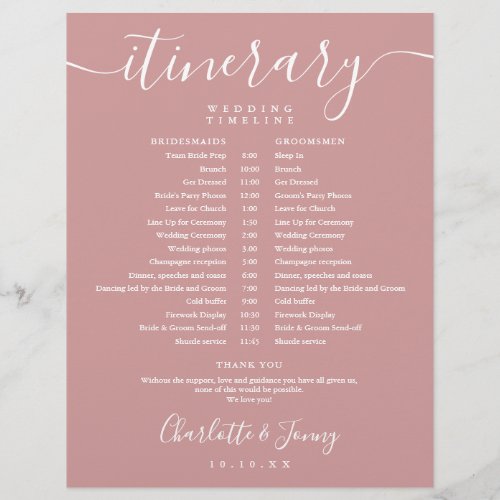 Dusty Rose Schedule Wedding Itinerary Timeline